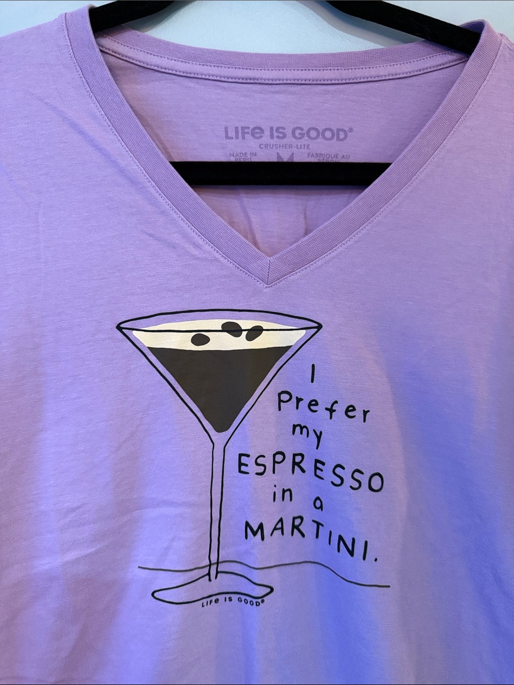 Life Is Good Lavender V-Neck Espresso Martini Graphic Tee 100% cotton M